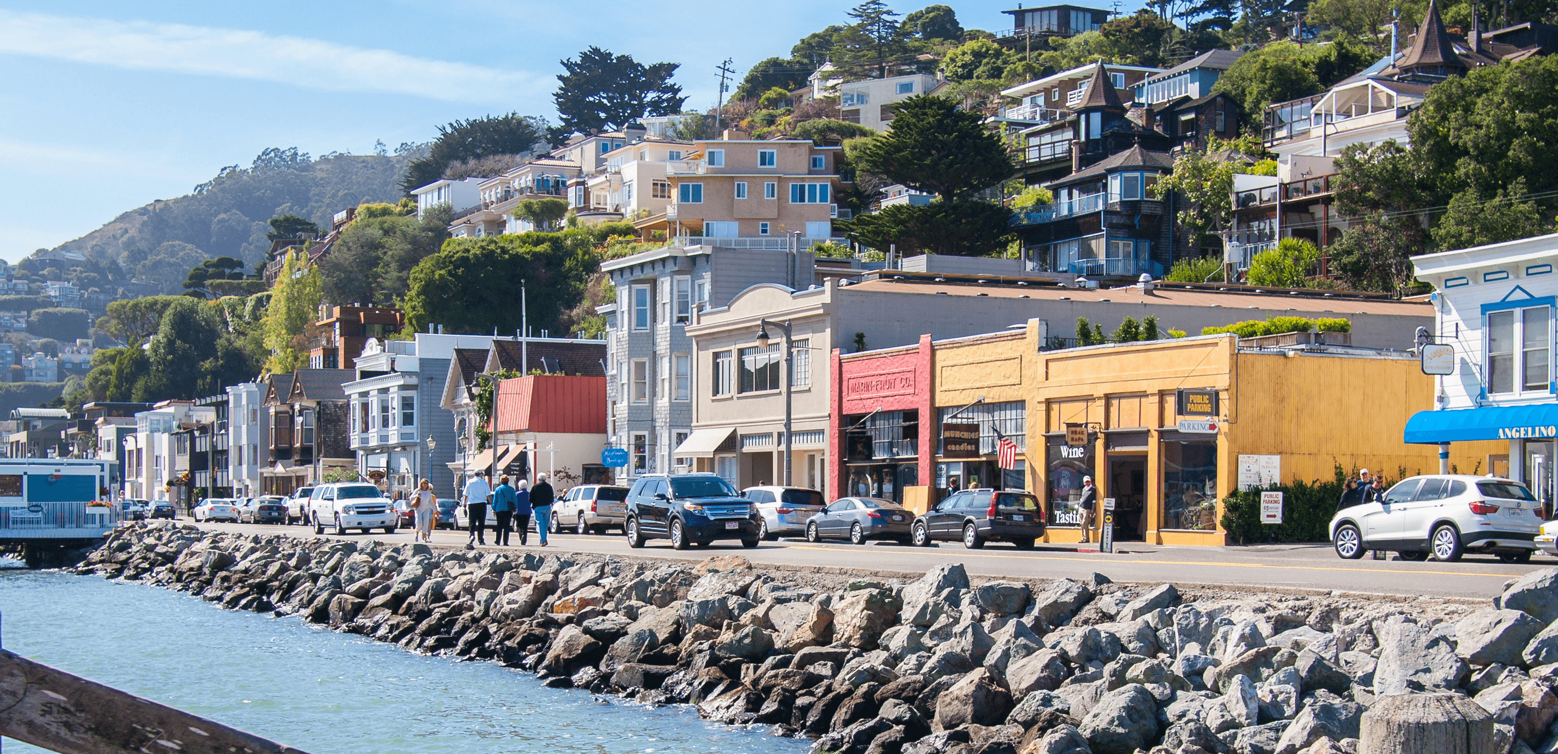Downtown Sausalito's historic district — the storefronts along the Bridgeway waterfront, with the hillside homes above.