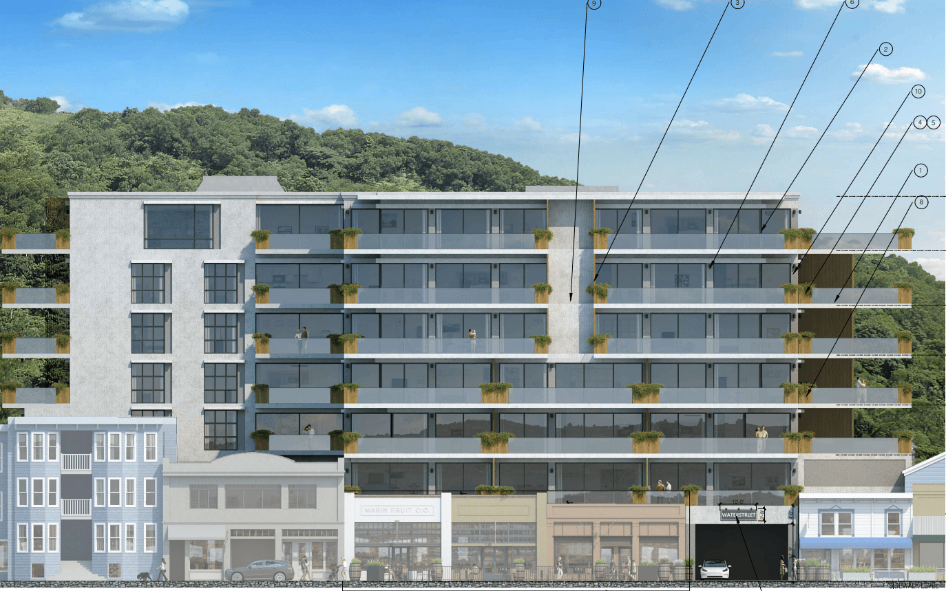Rendering of 605 Bridgeway looming over small historic shops