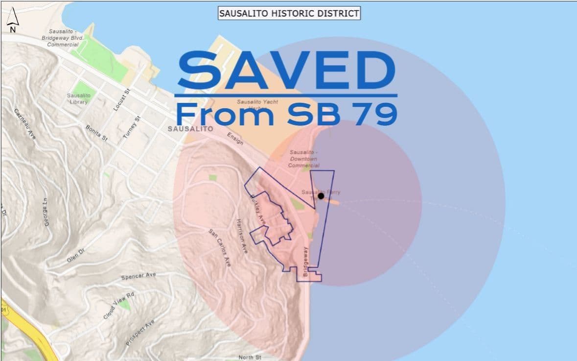 A map of the Sausalito Historic District labeled 'Saved from SB 79,' showing the half- and quarter-mile transit zones around the ferry terminal.
