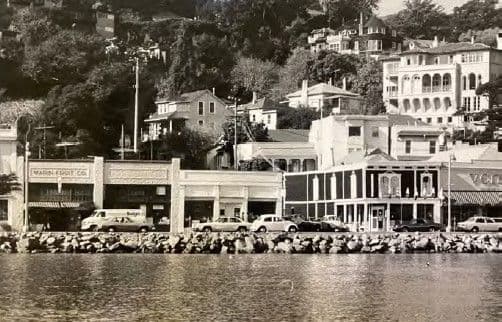 Historic photo of the Bridgeway waterfront storefronts, including the Marin Fruit Co.