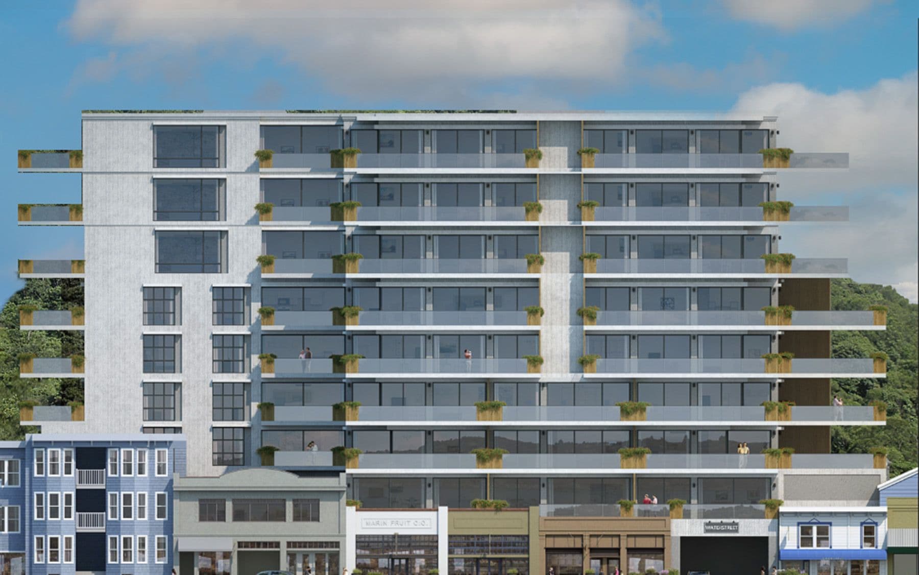 Rendering of the proposed 605–613 Bridgeway building looming over the historic Bridgeway storefronts.