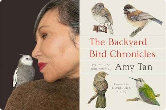 Amy Tan with a bird, beside the cover of her book The Backyard Bird Chronicles.