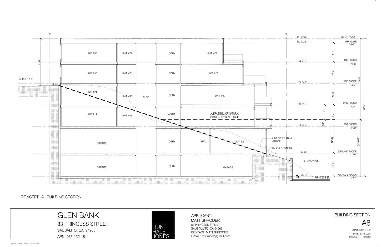 The developer's building section: six levels stepping into the Bulkley Avenue hillside, roof at 66 feet.