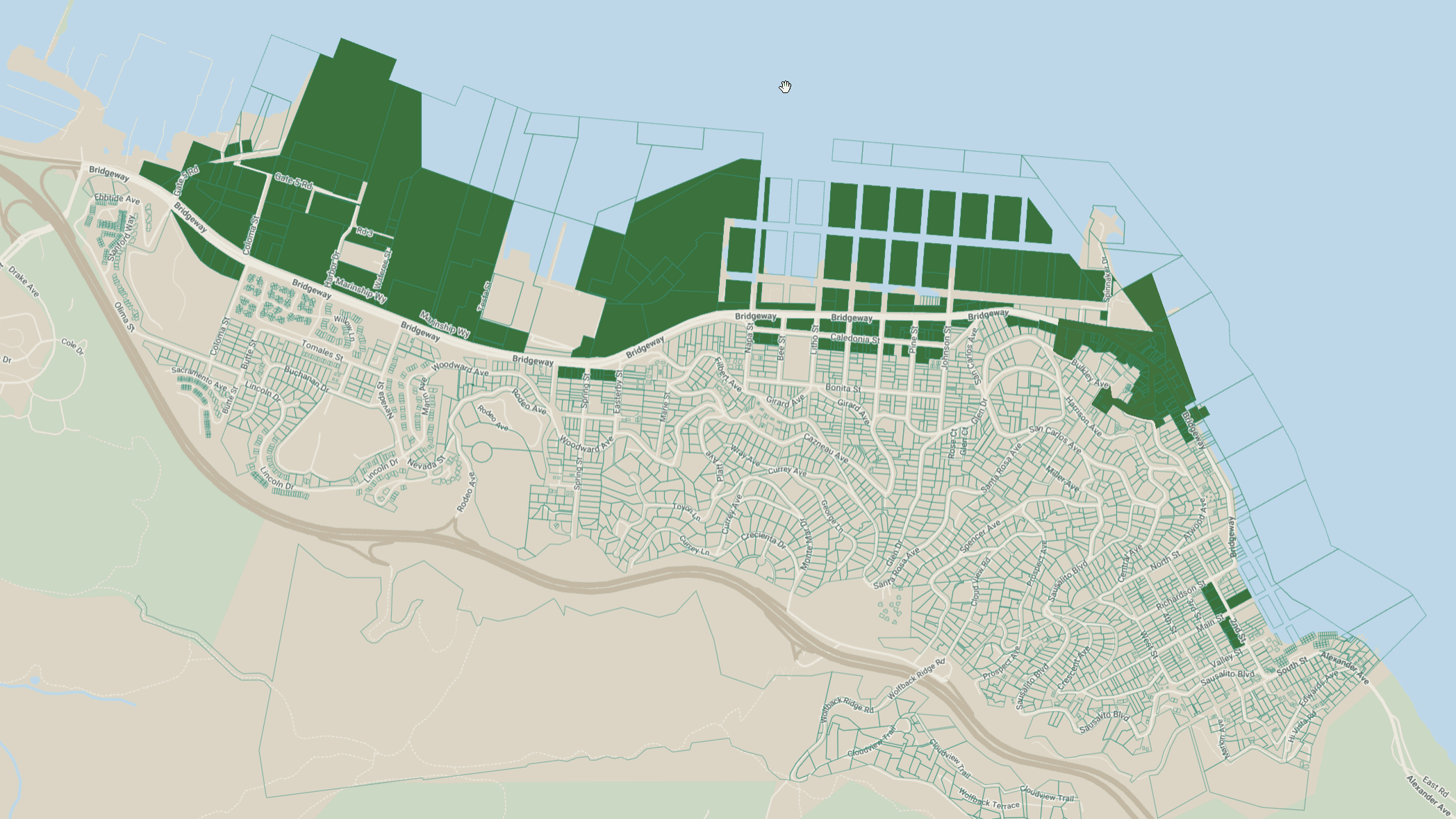 Map of Sausalito showing in green the commercial and industrial areas where voters currently have final approval over covered zoning changes.