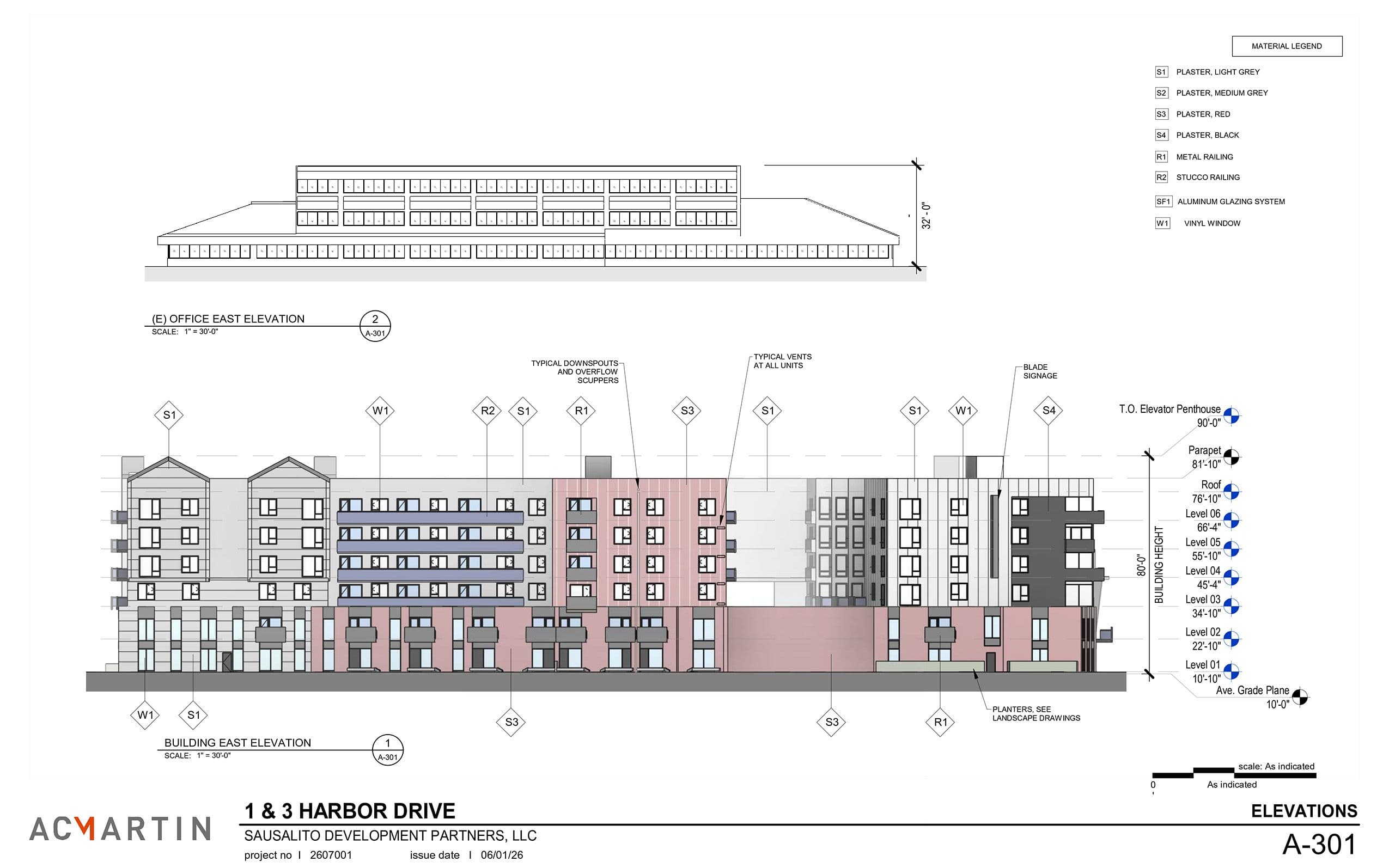 Building elevation: the structure reaches 90 feet to the top of the elevator tower; the limit is 35.