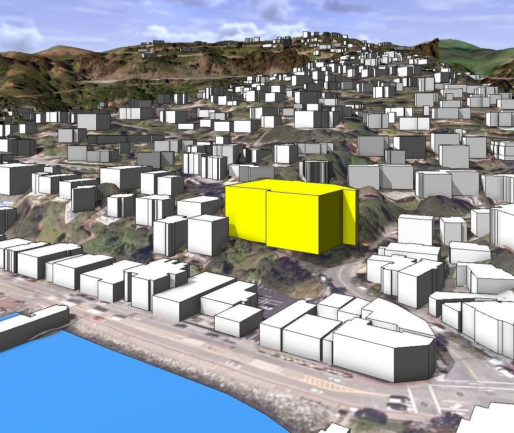A 3D massing study showing the bulk of the proposed building dropped into its neighborhood.