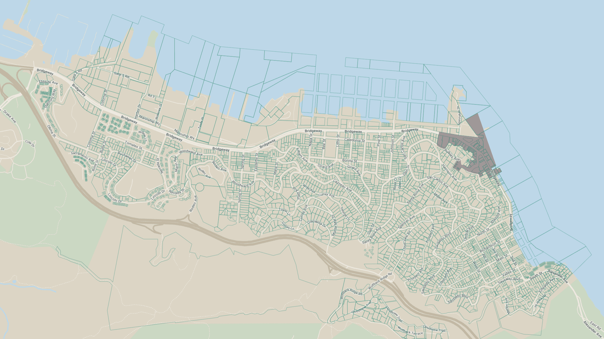 Map of Sausalito after Measure X, showing voter approval retained only in the gray Downtown Historic District.